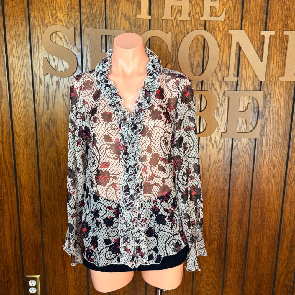 Tess Silk Blouse Women 12 Multi Color Floral Ruffle Sheer Whimsigoth Grunge Y2K